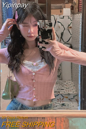 Yipinpay Lace Blouse Casual Woman 2023 Autumn Sweet Long Sleeve Knitted Sweater Female Design Korean Fashion Crop Tops Slim Chic